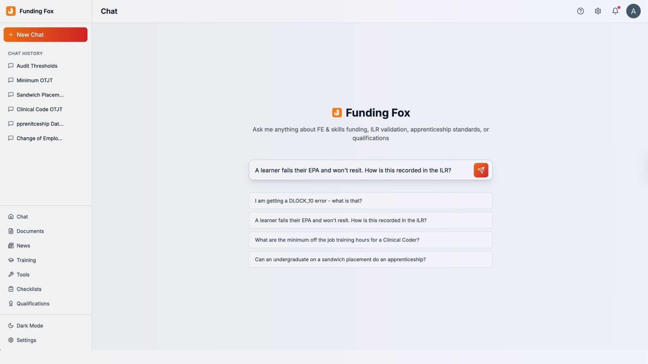 Funding Fox intelligent chat interface showing funding questions and answers