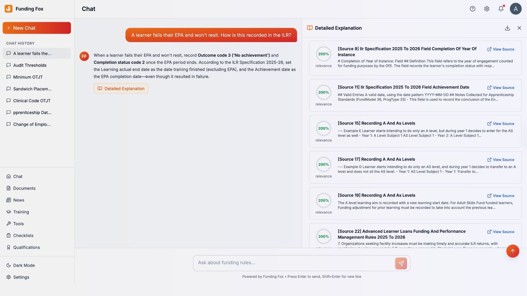 Funding Fox showing source citations and references from official DfE documents