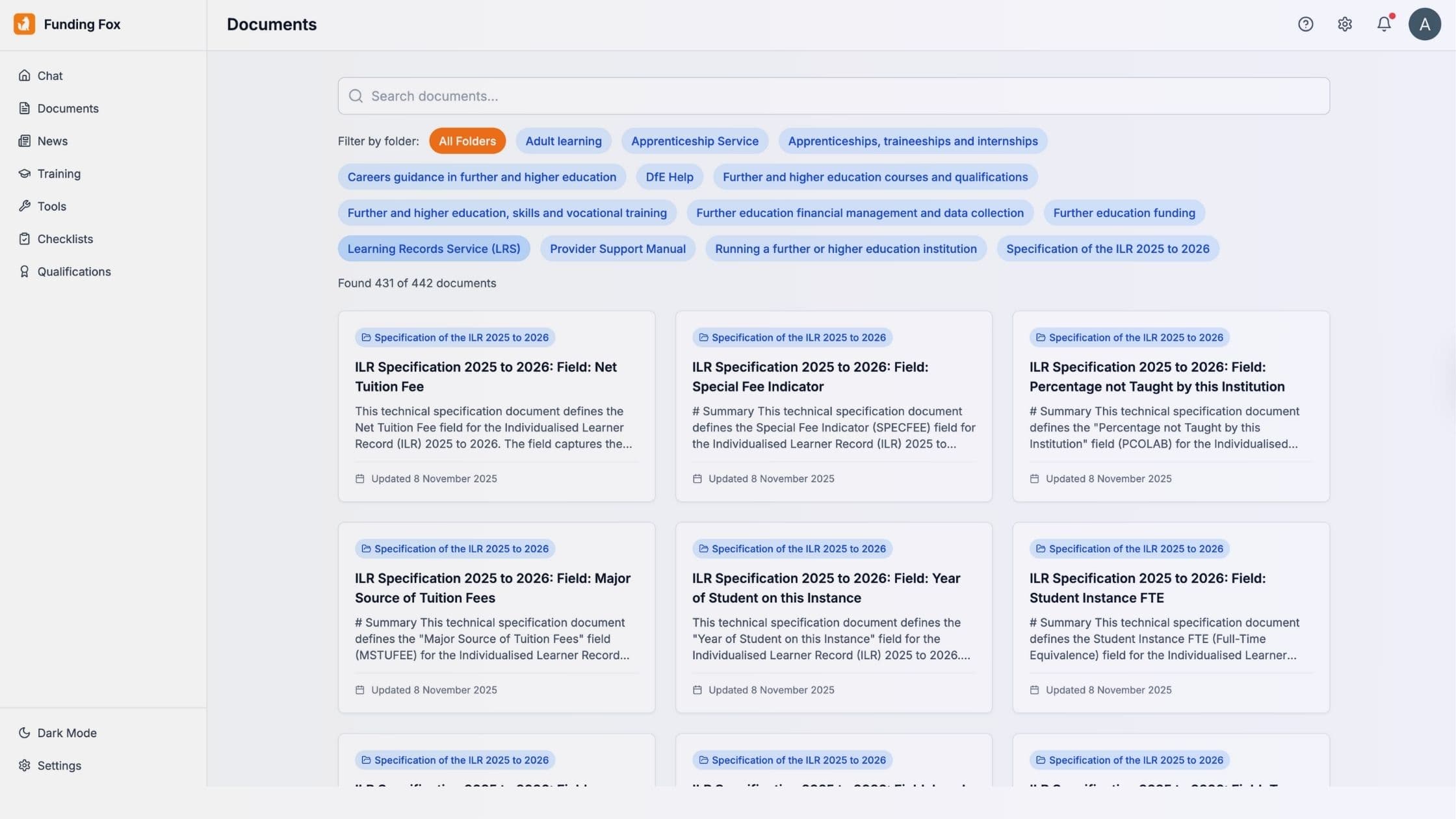 Funding Fox document library showing organised FE & Skills funding documentation