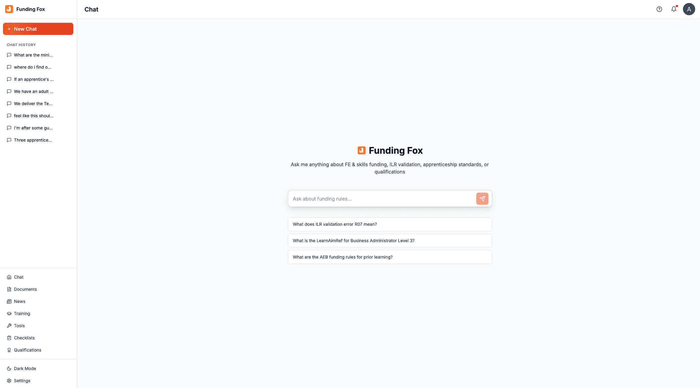 Funding Knowledge Base main chat interface