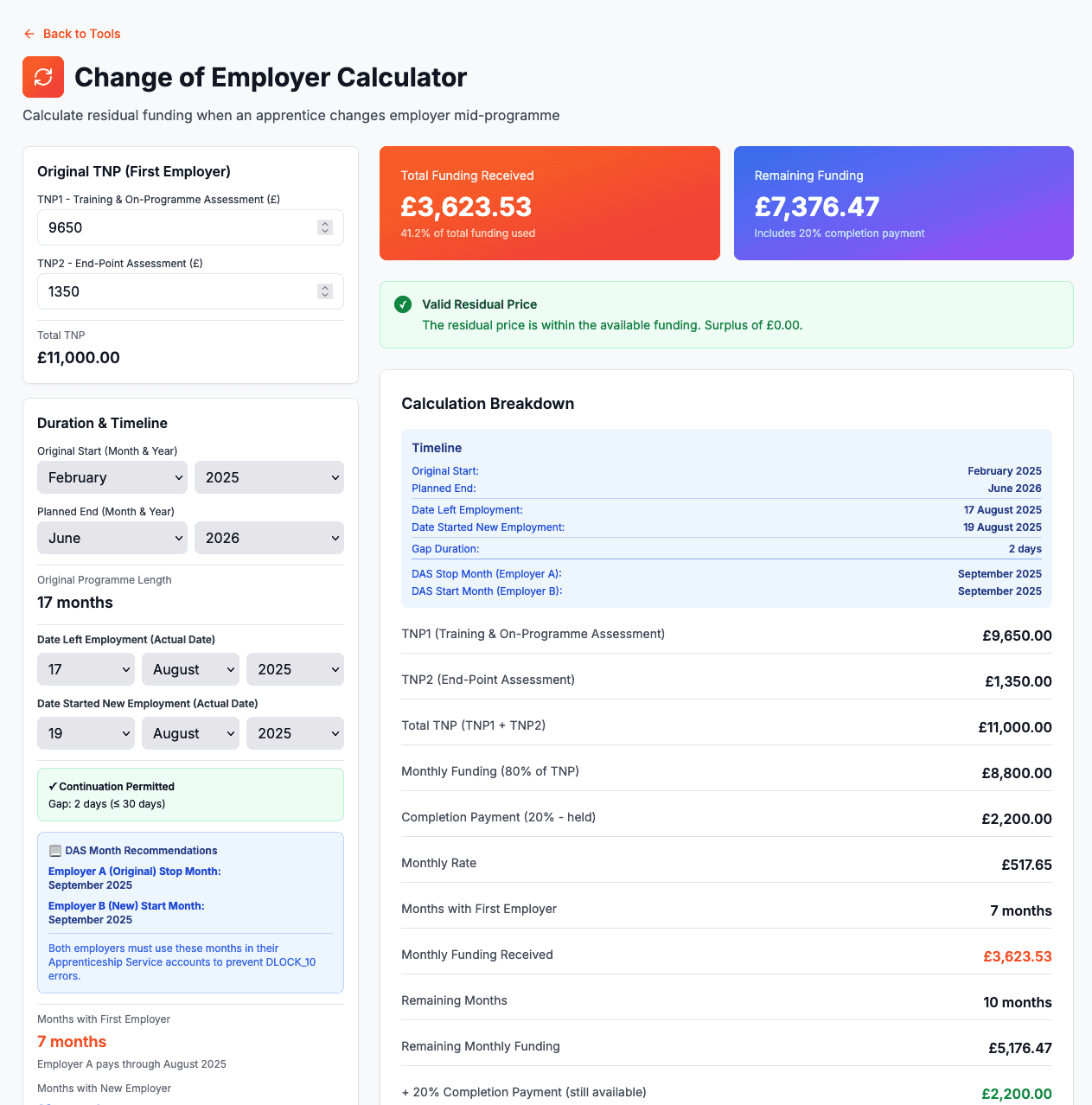 Change of Employer Calculator showing TNP inputs, timeline details, gap validation, and DAS month recommendations