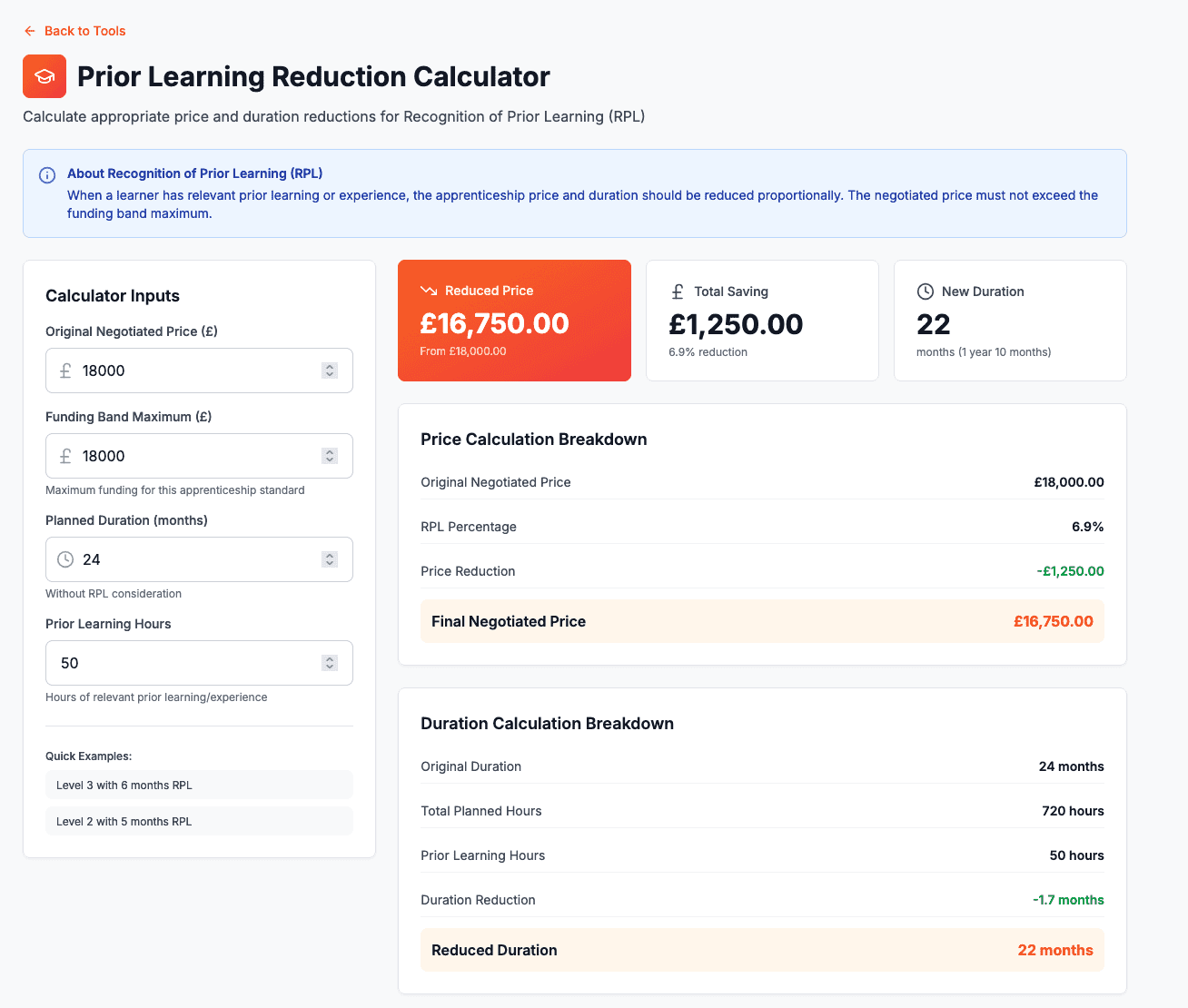 Prior Learning Calculator showing TNP inputs, duration settings, prior learning hours, and automatic calculation of reduced price and duration