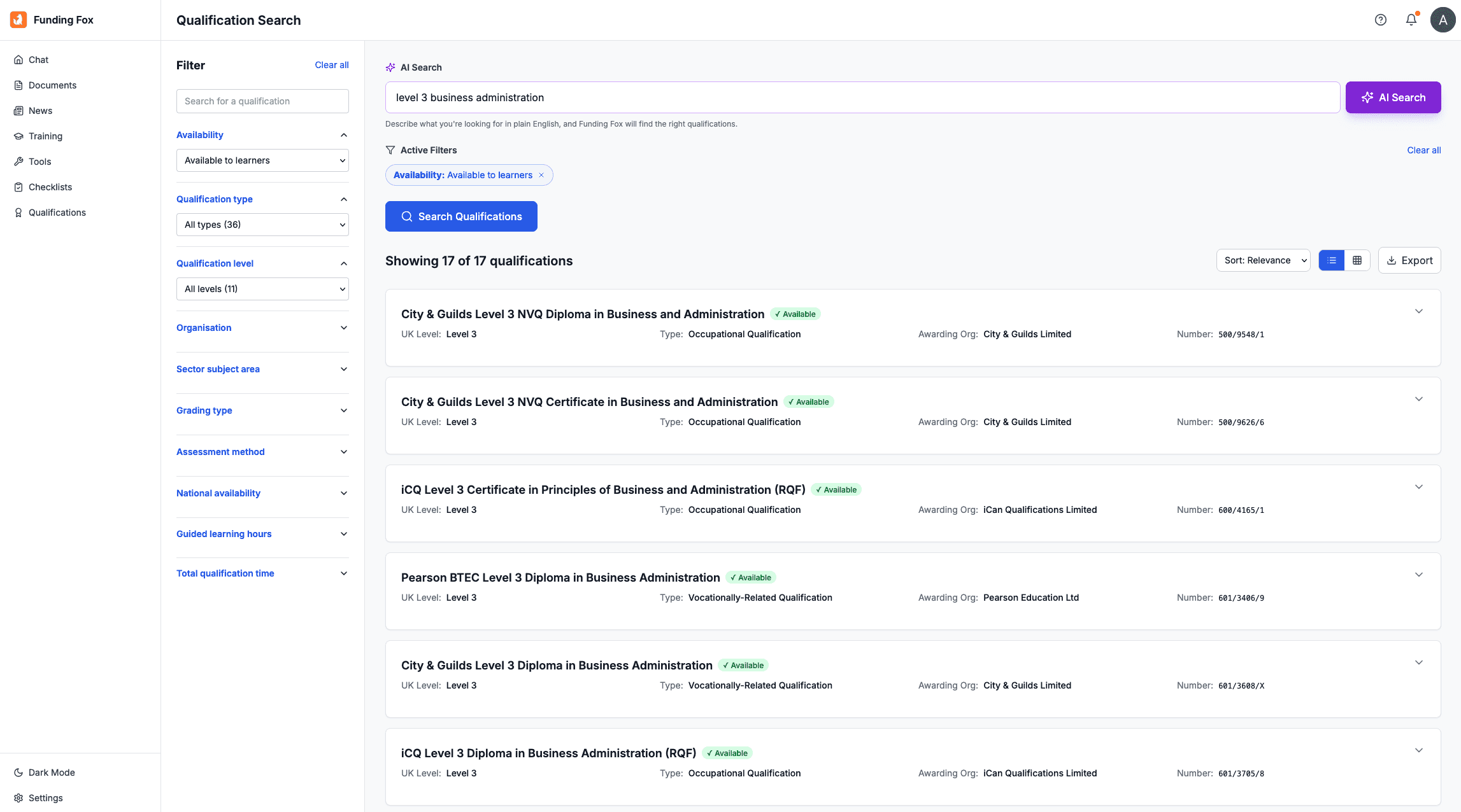 Qualification Finder showing search interface with filters, results table, and detailed qualification information